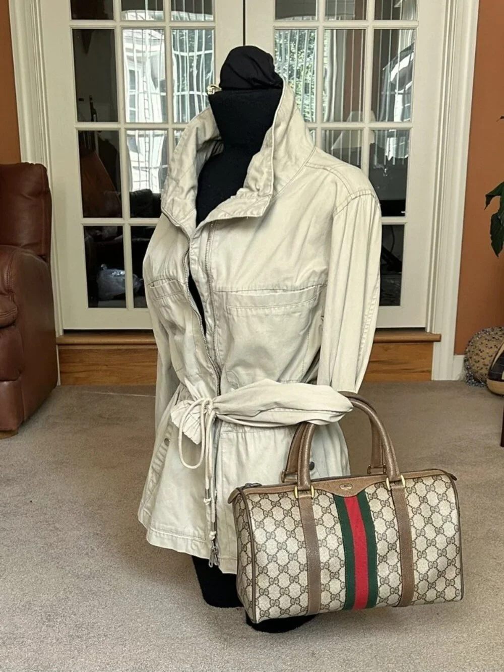 GUCCI GG Supreme Monogram Sherry Web Boston Bag, Tan